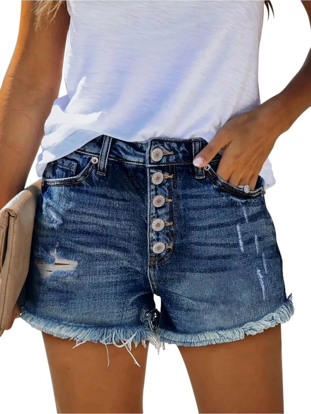 Women's Dark Blue Distressed Denim Shorts with Frayed Hem